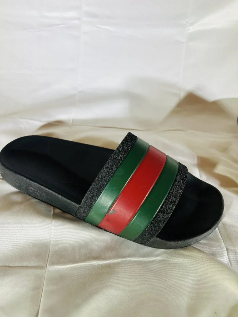Gucci Men's Slide Sandals 308234 GIB10 Black Green Red Striped Rubber Size 7